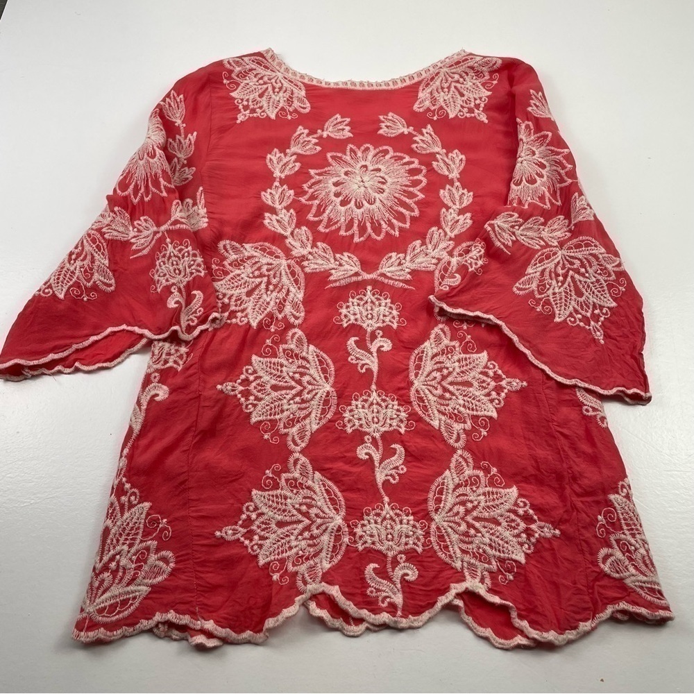 Solitaire Coral‎ Embroidered Blouse Women Size Large - Picture 8 of 9